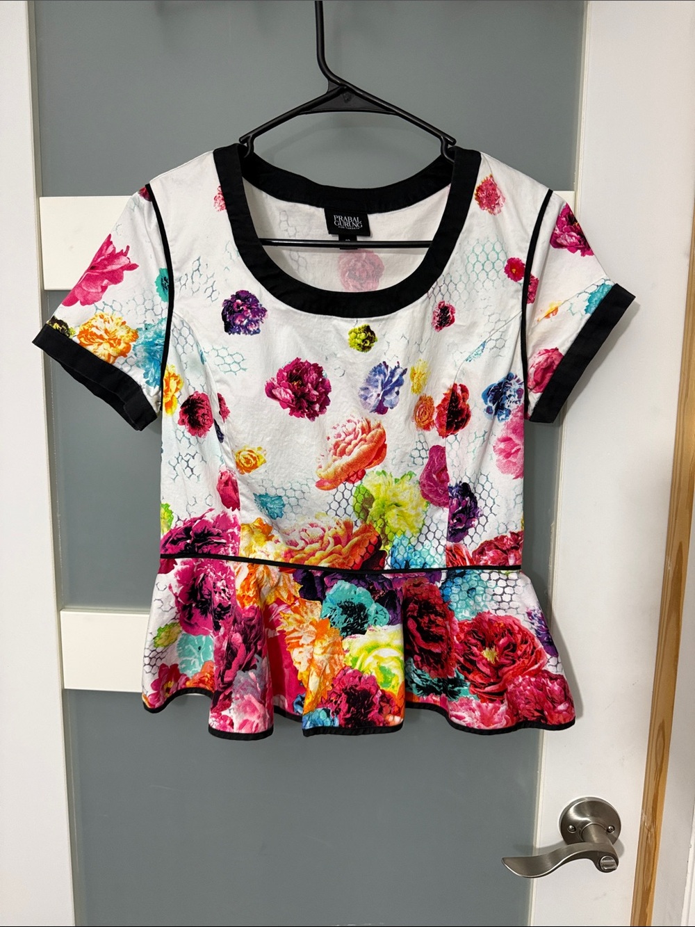 Prabal Gurung for Target White Floral Peplum Top with Black Trim